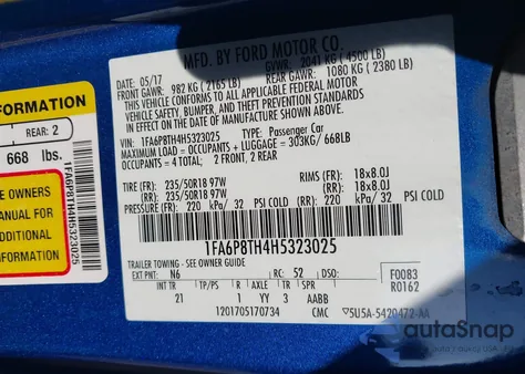 2017 Ford Mustang Ecoboost из США, поврежденный, VIN 1FA6P8TH4H5323025